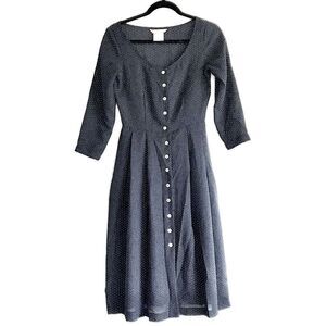 Esprit Button Down Navy Polka Dot Dress 3/4 Sleeves Size 3/4
